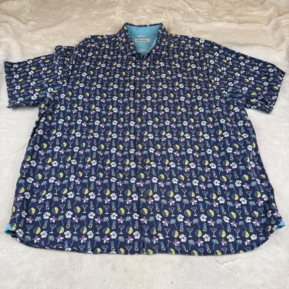 Tommy Bahama Other - Tommy Bahama Mens XXL Navy Blue Tropical Cocktail Palm Tree Print Button Shirt